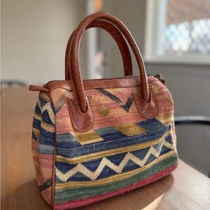 100% Leather & Cotton Multicolor Patterned Western Top Handle Bag